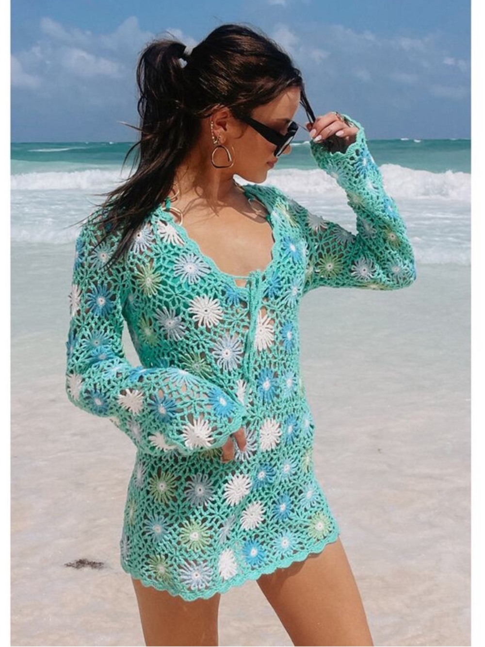 NEW Show Me Your Mumu Vacay Mini Crochet Coverup in Blue Multi Floral size XS